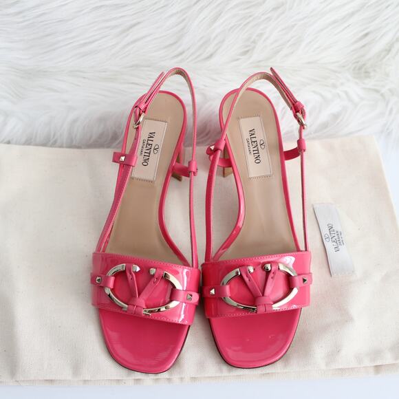 Valentino Hot Pink Patent Leather Silver V Logo Open Toe Kitten Heels - Picture 4 of 12